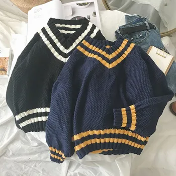 

Kintted Female Pullovers V-Neck 2019 New Casual Long Sleeve Fashion Sweet Loose Sweater For Women Warm Knitted Jumper Sweaters
