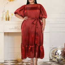 

Sexy See-through Plus Size 5XL Women Dress with Sling Lining and Belt Elegant Puff Sleeve Summer Autumn Oversized Office Dresses