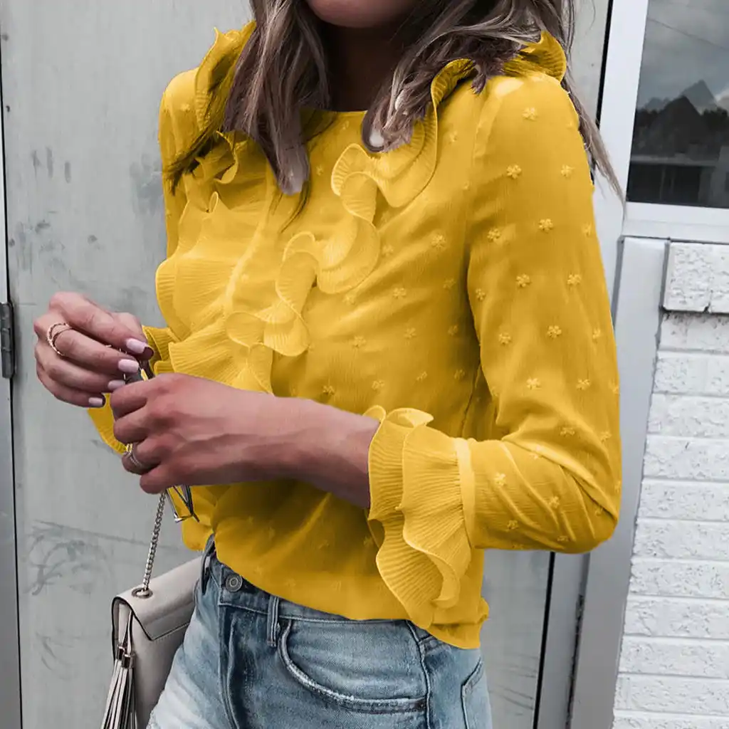 Women Ladies Casual Lace Polka Dot O Neck Long Sleeve Tops Blouse Yellow Chemise Femme Camisa Winter Feminina Chemise Femme Aliexpress