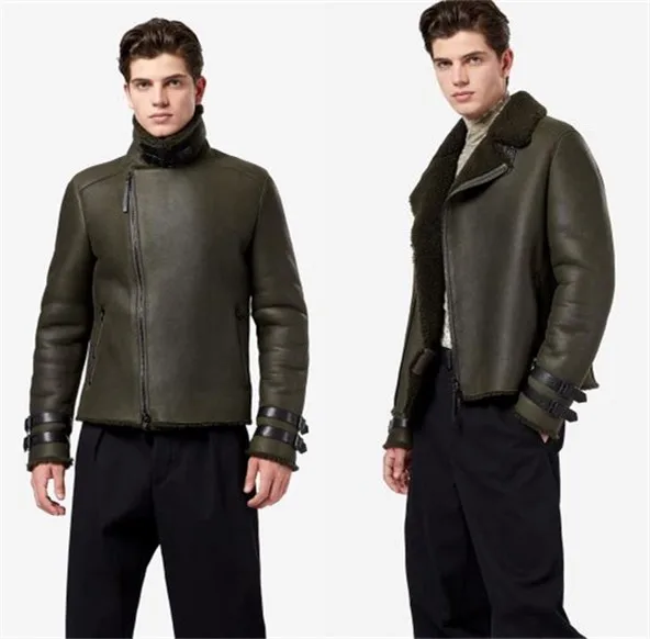 

Retro Sheepskin Fur Men's Plain Plate Biker Warm Slim Models MEN'S Top Coat Shearling Genuine Leather Jacket