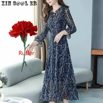 

2020 Spring New Ruffers Style Women Chiffon Maxi Dress Long Sleeve Floral Print Office Lady Middle Aged Female Work Wear Elegant