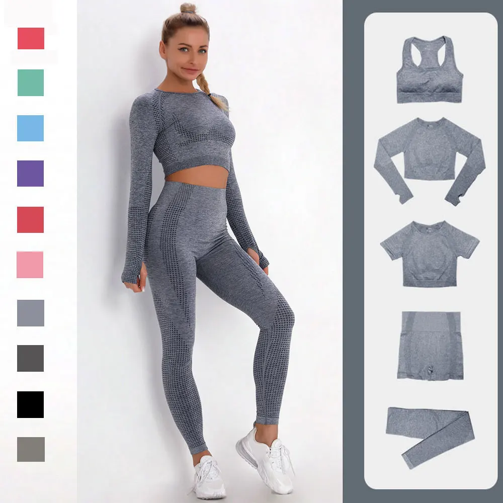 2/3/5PCS Women Sportswear Yoga Set Gym Clothing Tracksuit Long Sleeve Crop Top High Waist Seamless Leggings Fitness Sports Suits