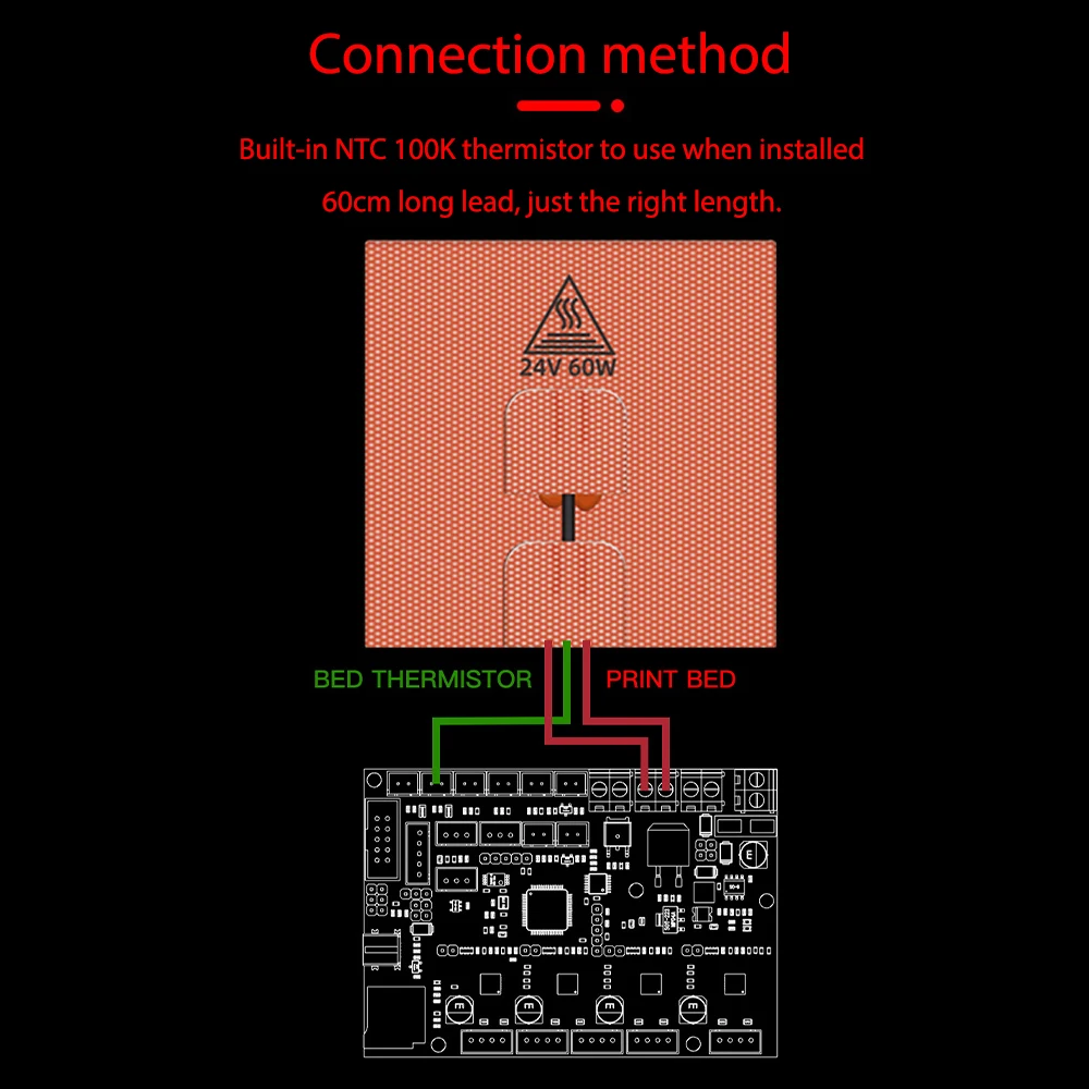 24V 60W 3D Printer Silicone Heater Pad Heating Mat 100x100mm Heated Bed with NTC 100K Thermistor for Voron 0 0.1 and 60cm Cable