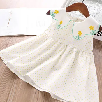 

2020 Summer Girls Embroidered Flowers Collar Polka Dot Dress Children's Clothing Wholesale