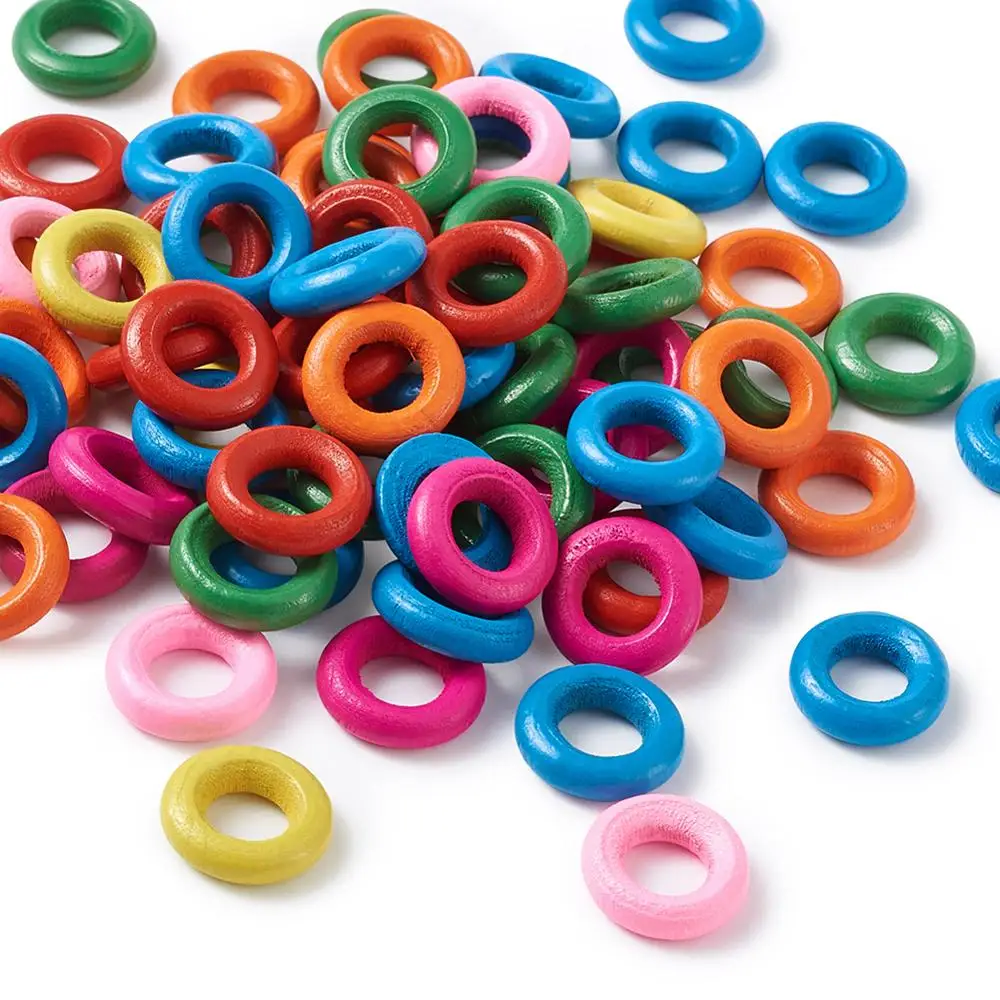 100pcs/lot Mixed Color Round Donut Wood Beads Dyed Lead Free Handmade Jewelry for DIY about 15mm in diameter hole: 8mm | Украшения и
