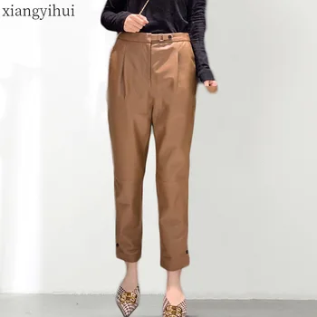 

100% Genuine Leather Woomen Harem Pants Casual High Waist Long Trousers Vintage Fashion Sheepskin Pants Black Beige M-XXL