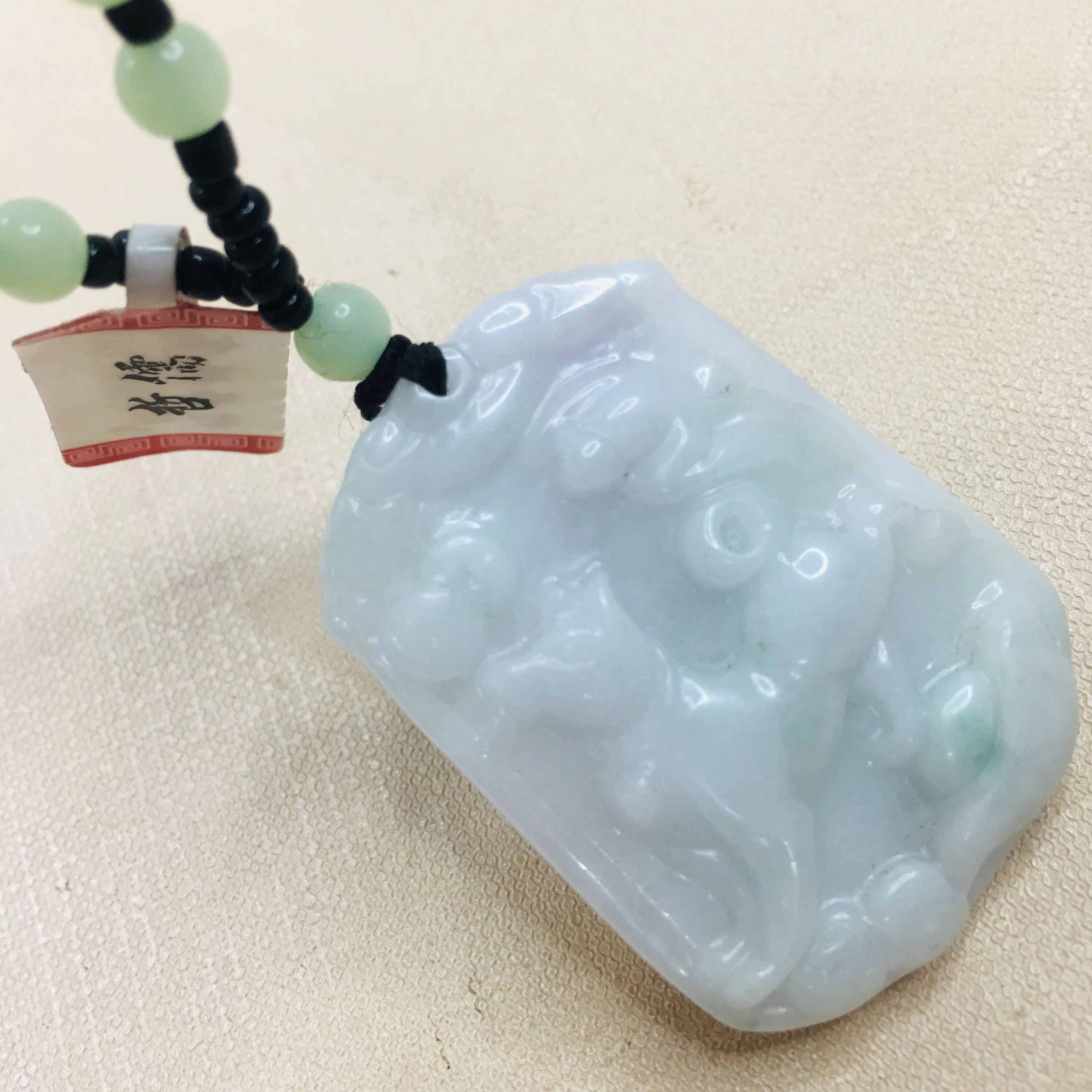 Zheru pure natural Jadeite carved light green lucky dog pendant with green bead sweater chain Send A certificate