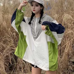 Женская ветровка Куртка женская с капюшоном многоцветный лоскутный базовый жакет Цвет Блок пальто для девочки оверсайз 2019