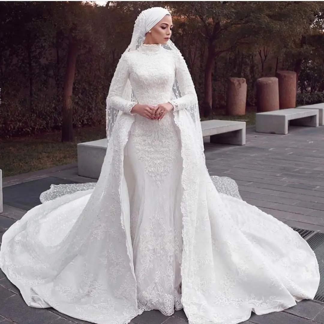 Modest Muslim Mermaid Wedding Dresses With Detachable Train Lace Appliques  Overskirt Bridal Gowns Hijab Court Train Vintage Robe - Wedding Dresses -  AliExpress