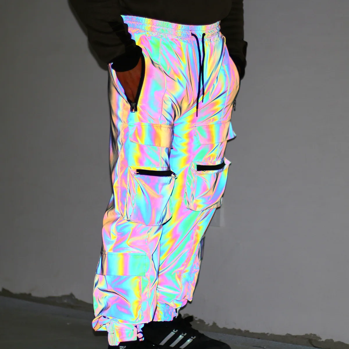 LZLRUN Rainbow Reflective Shorts Pants Men Fluorescent Trousers Casual Night Jogger