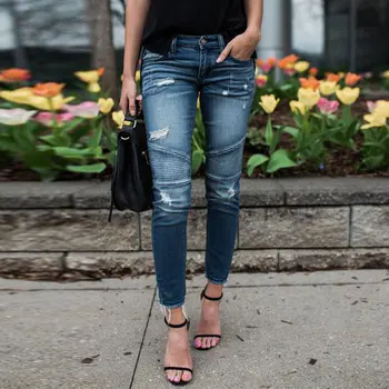 

Women Denim Skinny Pants Ripped Destroyed Pleated Stretch Jeans Slim Pencil Trousers