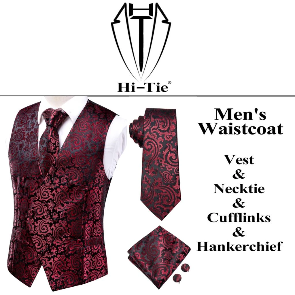 Hi-Tie Silk Mens Suit Vests 4PC Jacquard Waistcoat Tie Hankerchief Cufflinks Set Paisley Floral Blue Navy Pink Red Green Gold men blazer