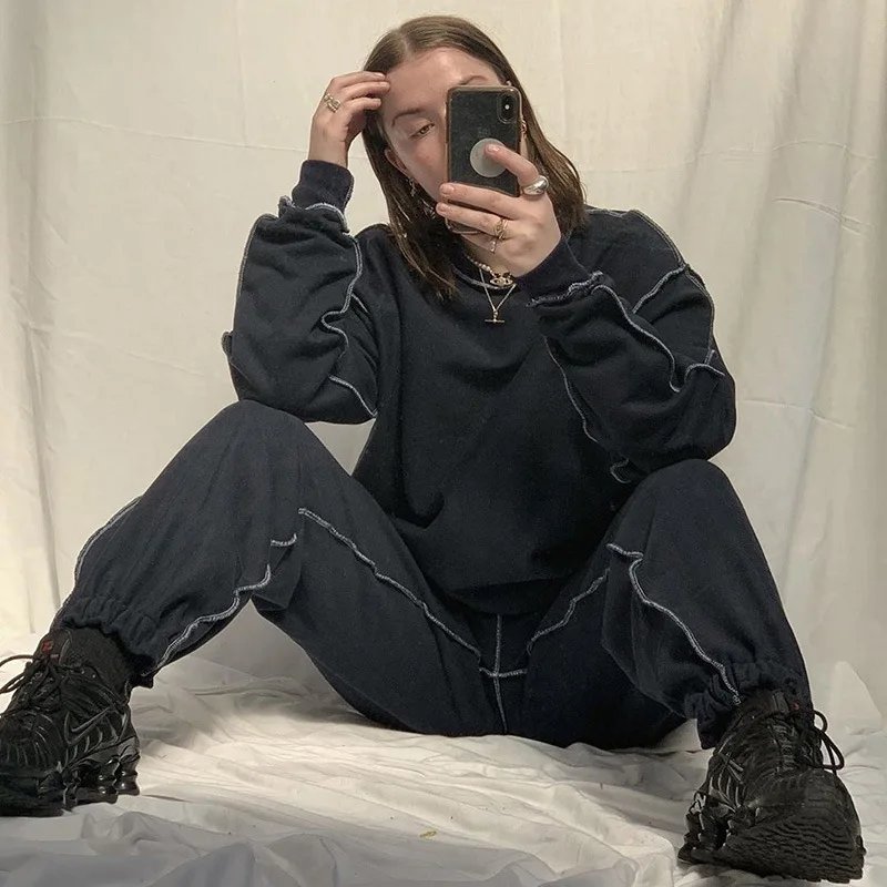 

NCLAGEN Sewing Edges Patchwork Women Casual Two Pieces Set Loose Pullovers Hoodies And Jogging Pants Atheleisure Jumper Outfits