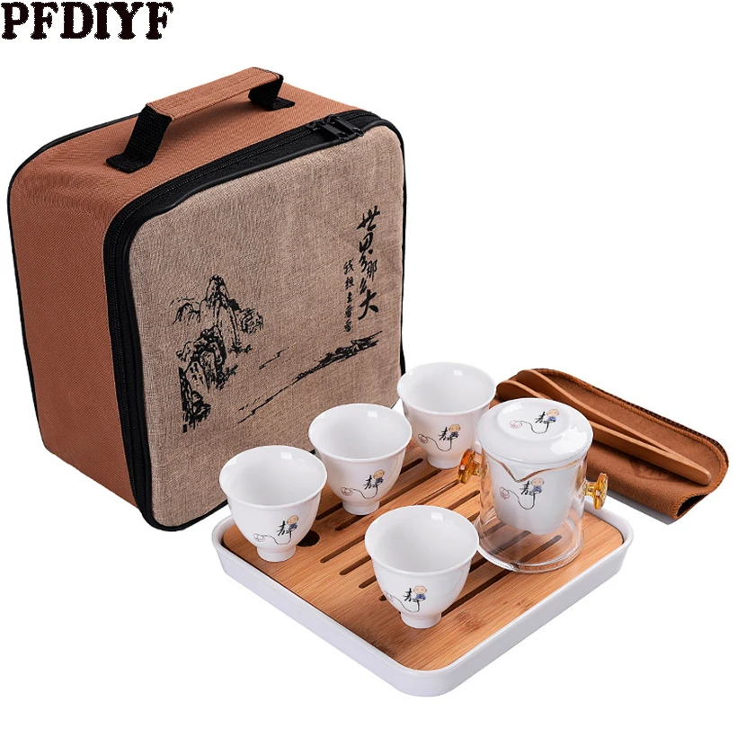 

2020 New 9Pcs Portable Travel Kung Fu Tea Set Ceramic Teapot Porcelain Teaset Gaiwan Tea Cups of Tea Can Pot with Travel Bag