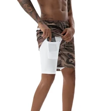 Красивые мужские шорты 2 в 1 для бега, с карманами безопасности, мужские двухслойные шорты с карманом для фитнеса, однотонные камуфляжные шорты для тренировок