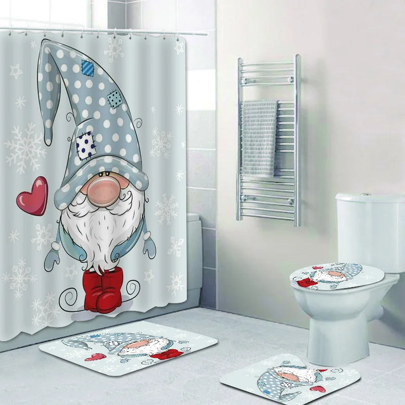 Christmas Halloween Dwarf Elf Bathroom Decor Shower Curtain Set Polyester Fabric 