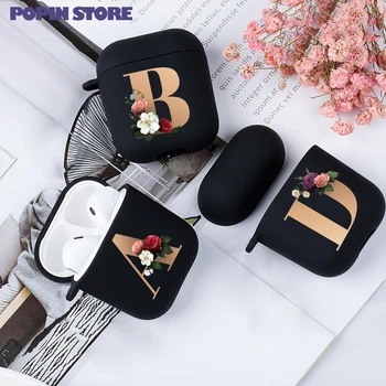 

Cute Floral Gold Initial alphabet Letter AirPods Case For Airpod 2 Cases Silicone Wireless Bluetooth Earphone Cover Matte Black