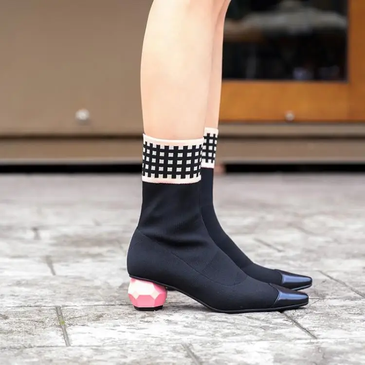 

Runway Stretch Fabric Boots Women Pointed Toe Slip On Zapatos De Mujer Plaid Buckle Womens Shoes Strange Heels Botas Designers