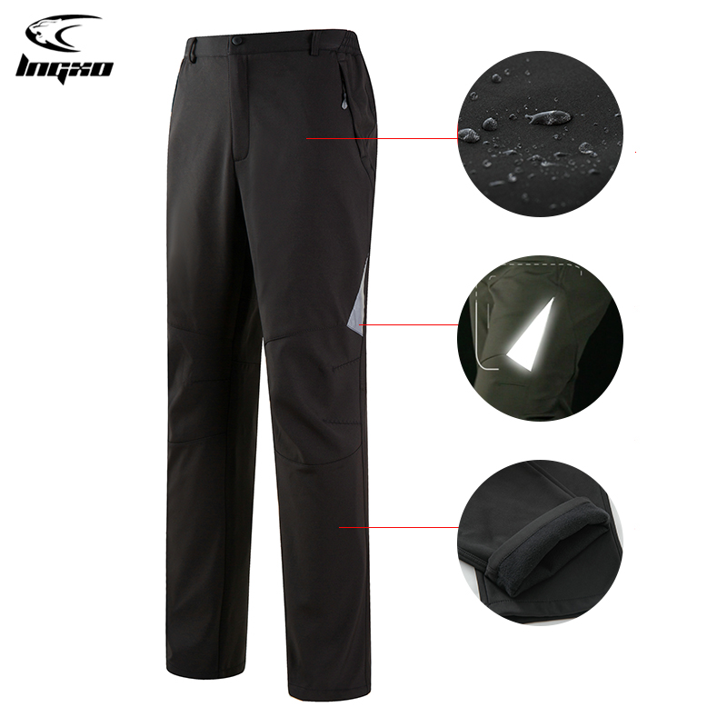 LNGXO Camping Winter Fleece Pants Men Trekking Hiking Climbing Hunting Waterproof Trousers Outdoor Reflective Softshell Pants
