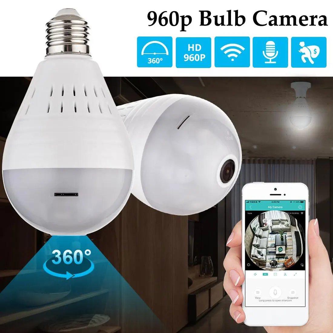 

960P Fisheye Bulb Light Camera 1.3MP 1.44mm 360 Degree Panoramic Home Security Wireless WiFi IP Camera CCTV LED Lamp Camera