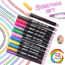 12 Pçs/set Dupla Linhas de Contorno Pintura Colorida Conjunto Marcador Esboço Marcadores Metálicos para Scrapbooking Diário de Bala Cartaz Do Cartão Do Presente