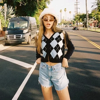 

Women Cardigan Vintage Short Knitted Sweater Fashion Stylish Geometric Pattern Long Sleeve English Style Outerwear Chaqueta