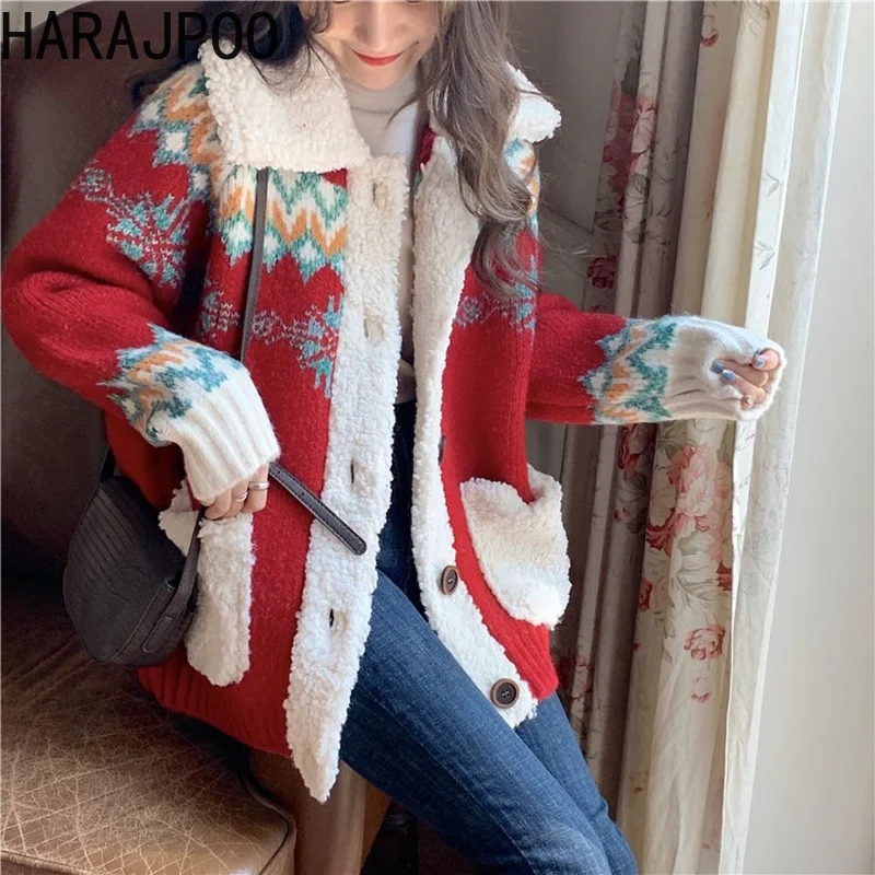 Harajpoo Cardigan Female Thicken Faux Lamb Hair Stitching Red Knit Sweater Christmas Autumn Winter 2021 New Loose Lapel Coats |