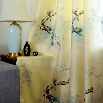 

Chinese-style Bird Cotton and Linen Printing Shading Curtain Bedroom Living Room Balcony Window Finished Parlour New Products