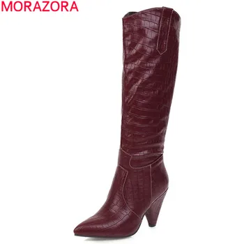 

MORAZORA 2020 big size 35-47 fashion knee high boots solid color winter keep warm western boots pu leather women boots