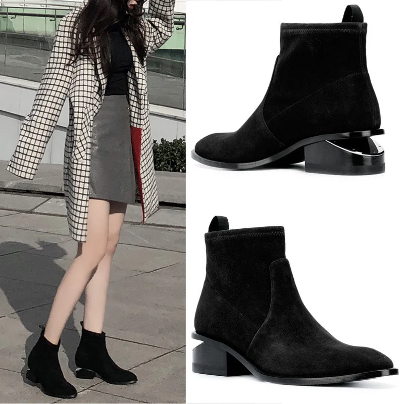 

Womens Pointed Toe Ankle Boots Genuine Cow Suede Leather Chelsea Metal Sheet Cut Out Chunky Heel Black New Fashion A1804
