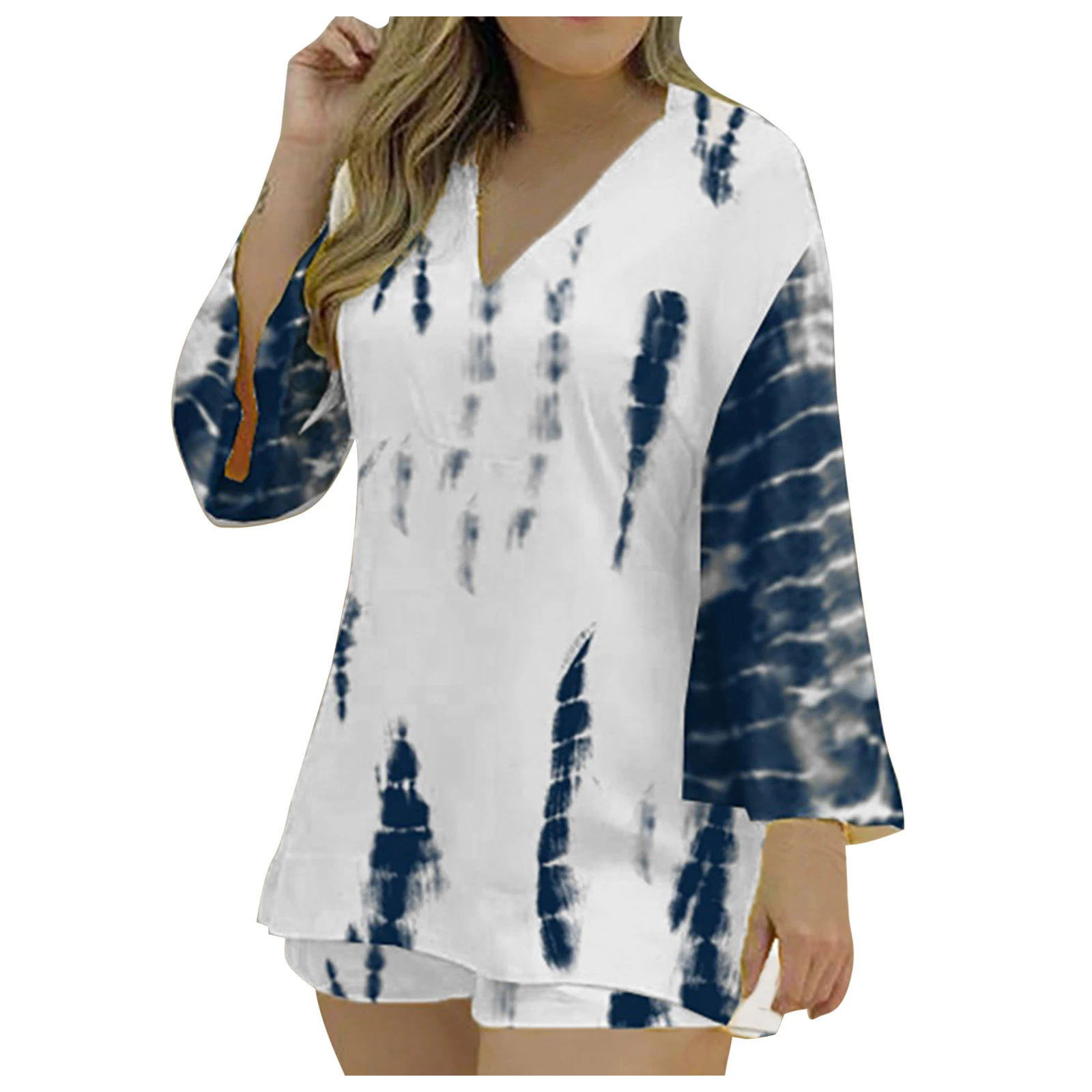 Women Tie Dye T-shirt Shorts Homewear Two Pieces Suit Set Hot Shorts Bell Sleeve V-neck Top Two Piece Sets Outfit For Woman cute two piece sets