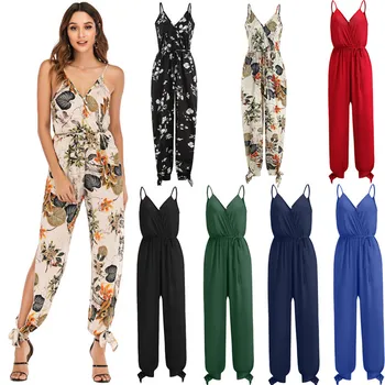 

2020 New Spring Summer Loose Large Size Temperament Rompers Women's Sexy Backless Tether Deep V-Neck Sling Bifurcated Jumpsuit