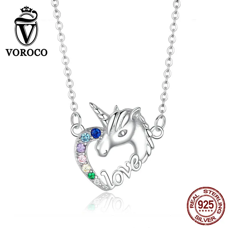 Voroco настоящий 925 пробы серебряный кулон ожерелье Lucky Love Единорог сердце короткое ожерелье чокер для женщин Трендовое ювелирное изделие BKN348