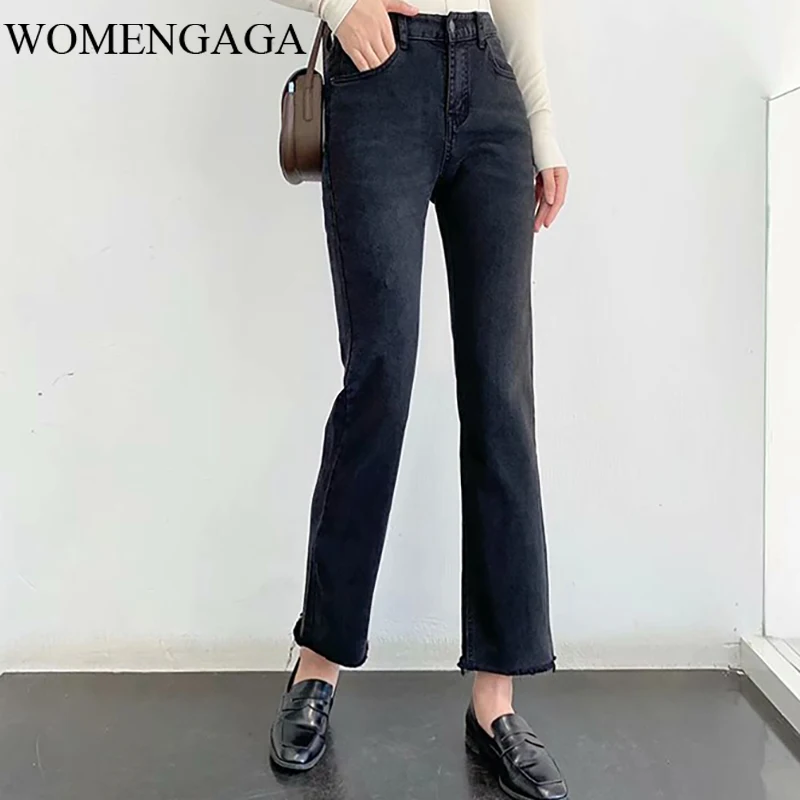 

WOMENGAGA Black Straight Jeans Women's Nine-point 2020 Autumn High Waist Stretch Small Burrs Trousers Casual MI7P