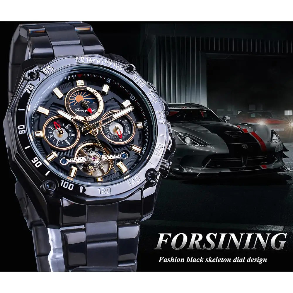 Forsining Классические черные мужские механические часы Tourbillon полый Скелет самоветер Дата Moonphase стальные ремни автоматические часы