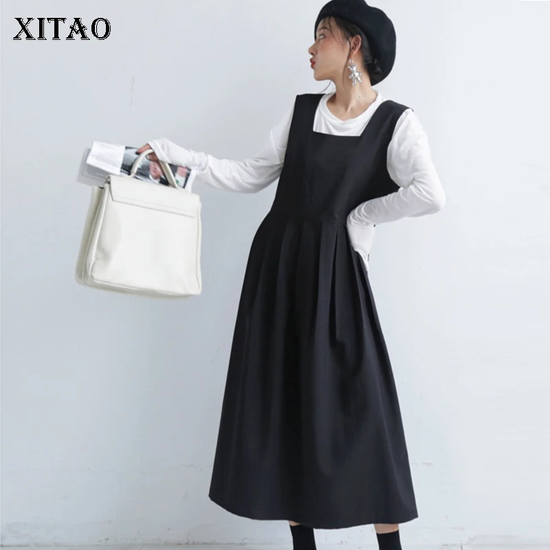 

XITAO Vintage Slim Black Dress Pleated Draped Women Clothes 2019 Fashion Square Collar Sleeveless Elegant Dress Autumn GCC1594