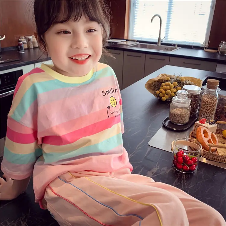 supreme shirt Girls short sleeve T-shirt summer smile face children's leisure half sleeve cotton t-shirts children's striped tees P5156 vintage t shirts