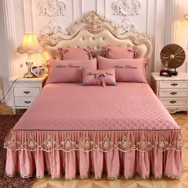 Korean Princess Bedding Bed Skirt Pillowcases Cotton Lace Embroidered Quilted Bedspread Fitted