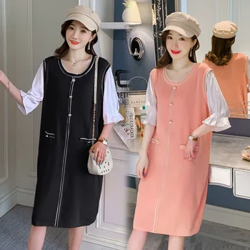

Pregnant women dress summer new tide mother thin knitting brim loosely contracted temperament dress with short sleeves