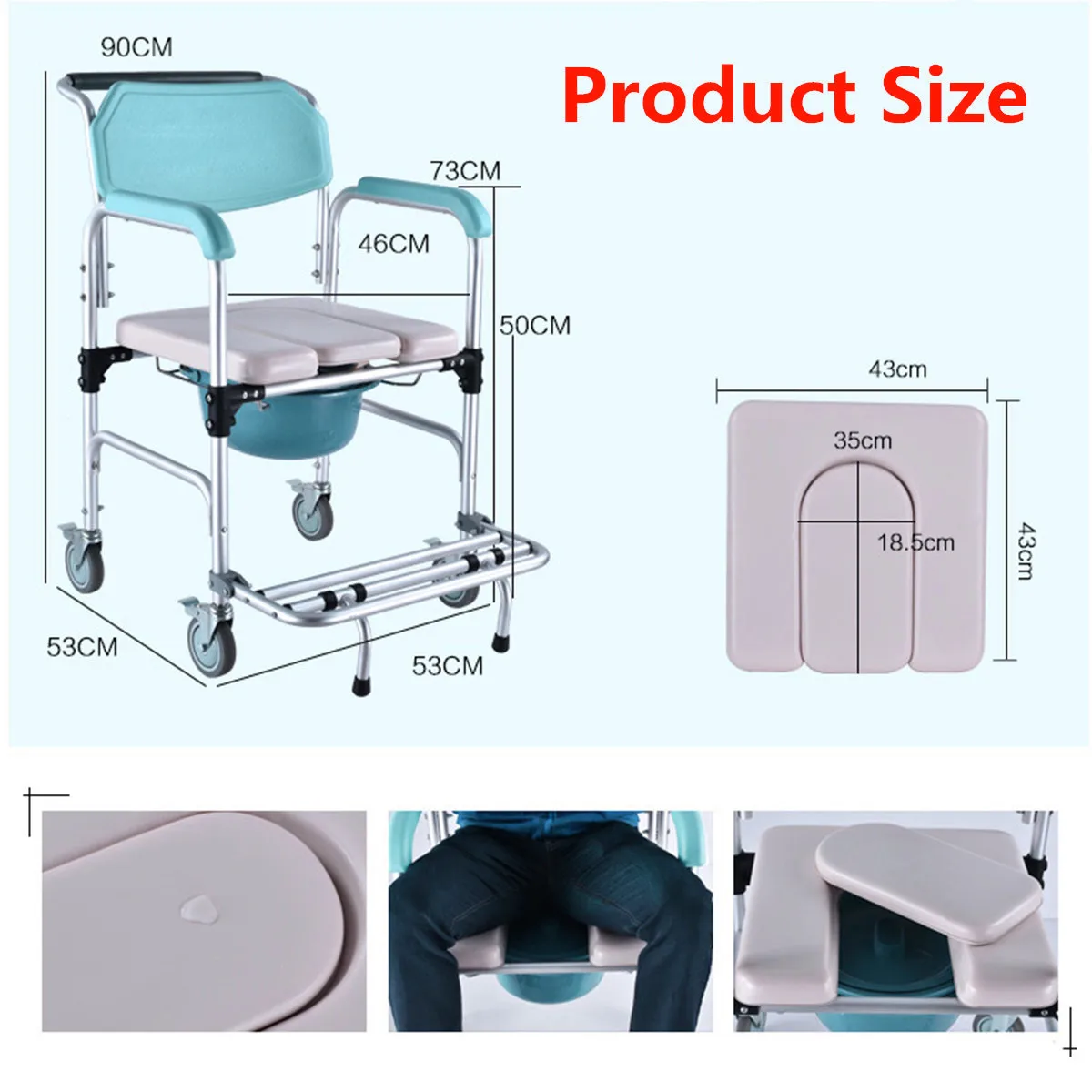 3 в 1 кресло-каталка с судном туалет душ сиденье горшок ванная комната кресло на колесиках прочный водонепроницаемый мягкая подушка легкий складной