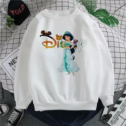 Engraçado disney sweatshirts feminina primavera outono moda manga longa streetwear pulôver topos senhoras dos desenhos animados jasmine princesa hoodie