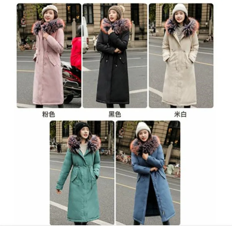 Manteau Femme hiver2019, модные длинные зимние парки для женщин, плюс размер 6xl, пальто с хлопковой подкладкой, с капюшоном, цветной меховой воротник, верхняя одежда 152