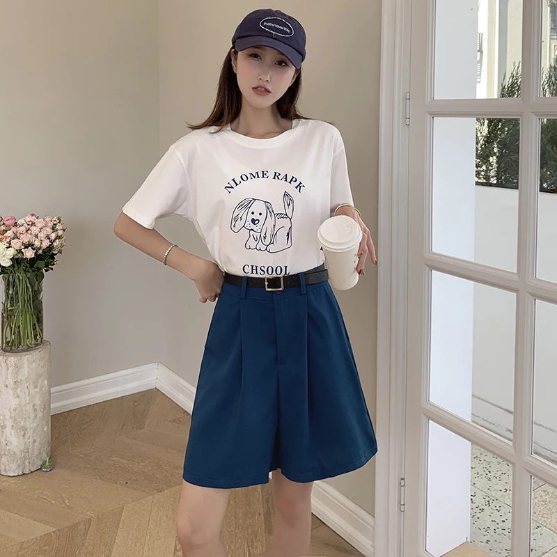 Suit Shorts 2021 Summer New Loose Casual High Waist Slim Wide Leg Shorts Girls Streetwear Sets Shorts Solid Black Pant