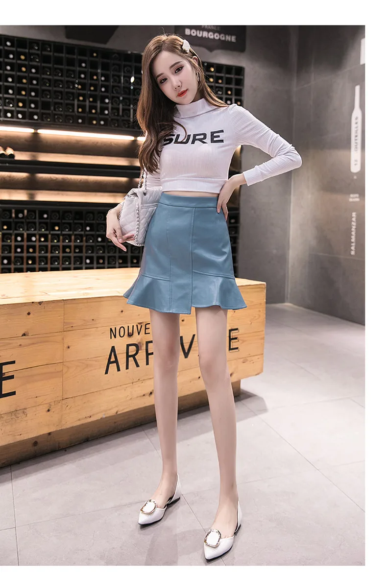 Юбки jupe женские femme осень зима сексуальные из искусственной кожи cuir ruffle mermaid черные мини cortas высокие платье с запахом rokken юбки