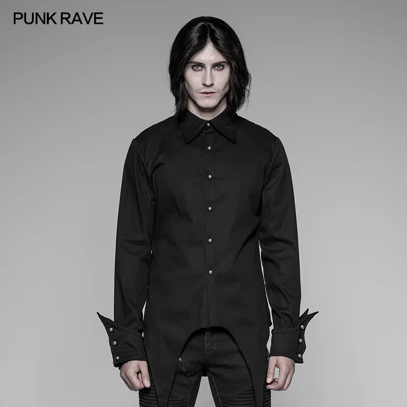 

PUNK RAVE Men's Evening Party Black Red Formal Shirt Gothic Steampunk Vintage Cotton Personality Long Sleeve Blosue Shirt