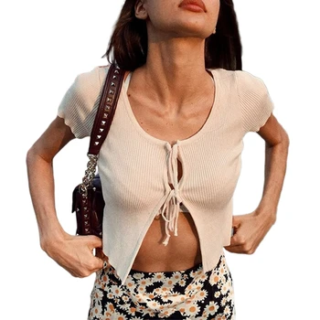 

Women Sexy Tube Tops 2020 summer new trend short solid color cardigan knitted strap design tops