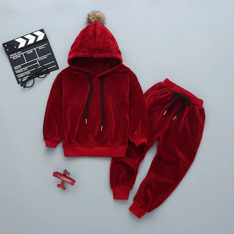 Комплекты осенней одежды для детей зимняя одежда для маленьких мальчиков бархатные толстовки детский спортивный костюм для девочек, одежда - Цвет: Wine Red