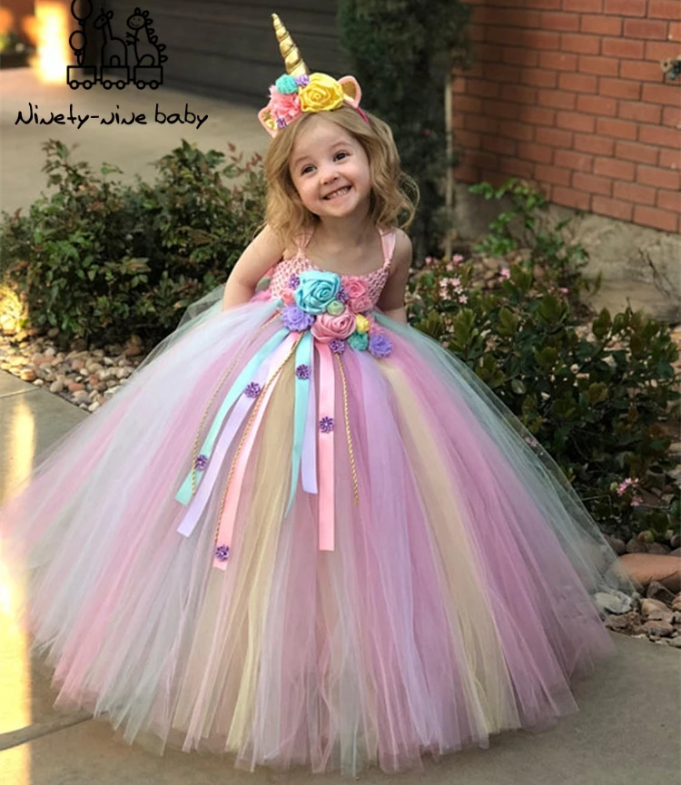 Пастельное платье-пачка с единорогом для девочек детское платье на бретелях из тюля «кроше» бальное платье с ромашками, платье с ленточками, Детский карнавальный костюм