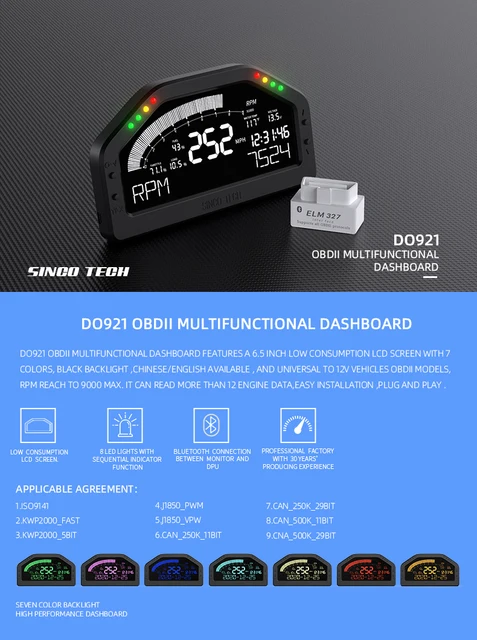 DO921 Sinco Tech Dashboard Race Display OBDll Bluetooth Gauge Multicolor  Screen