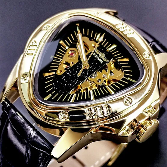 Механические часы с геометрическим треугольником для мужчин s спортивные гоночные оригинальные автоматические мужские часы для мужчин кожаные мужские часы наручные часы ARAGAR - Цвет: Gold Black-2